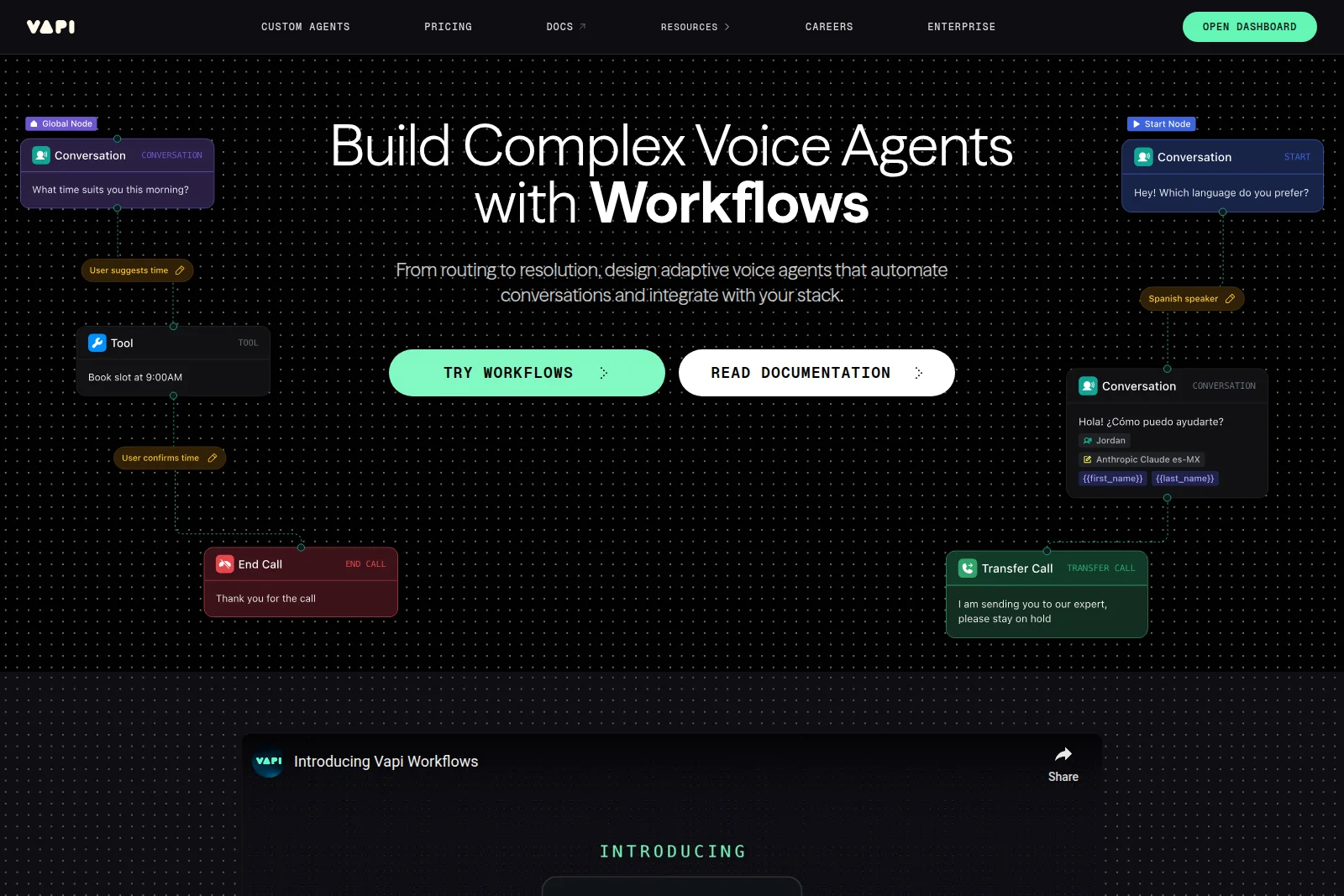 Vapi workflow builder showing a visual node-based editor for complex voice agents with a dark-mode interface.