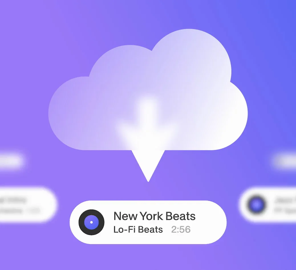 Veed.io music download feature showing 'New York Beats' Lo-Fi track downloading with a modern gradient background.