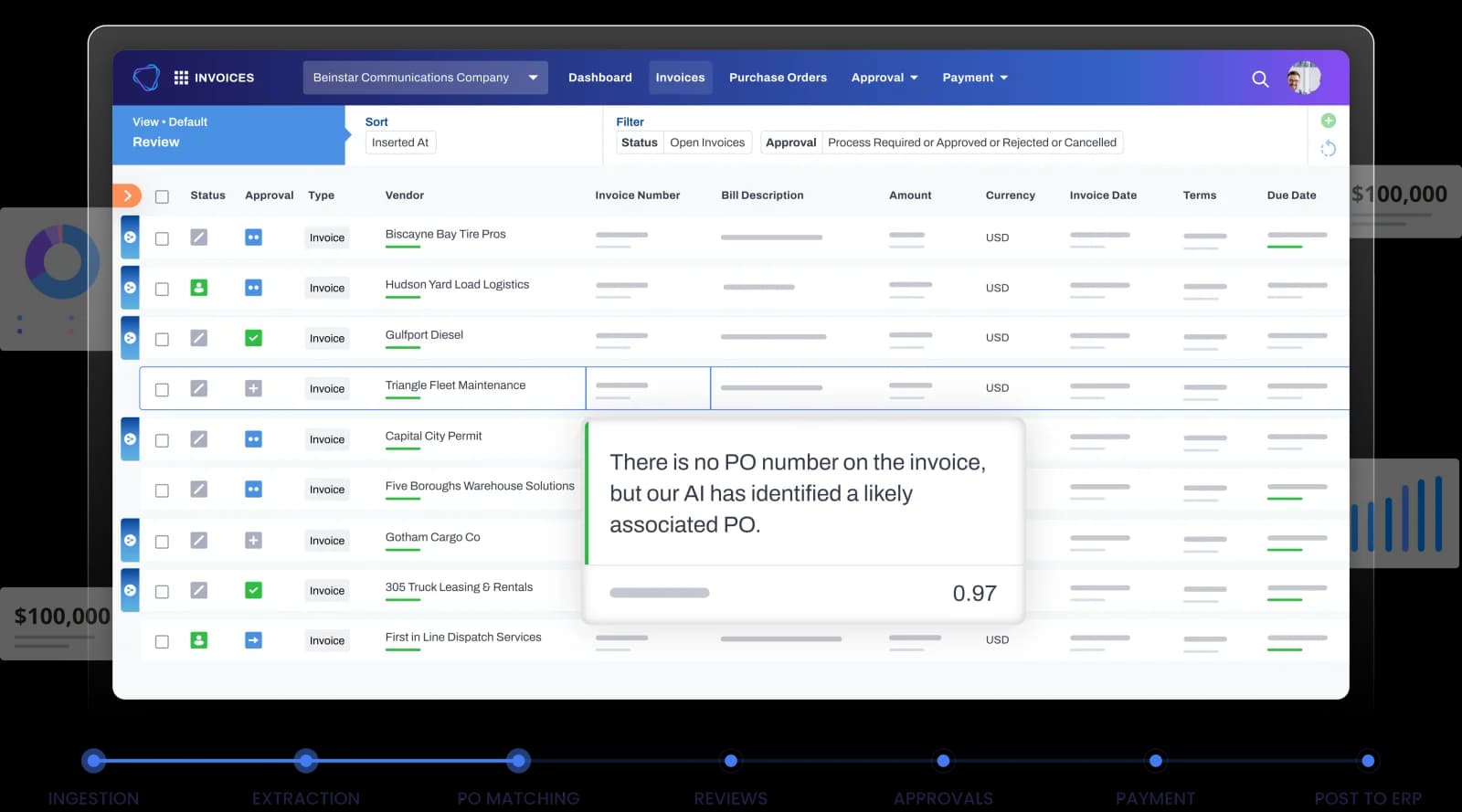 Vic.ai workspace showing an invoice management table with an AI suggestion to link an invoice to a purchase order in a clean, modern interface.
