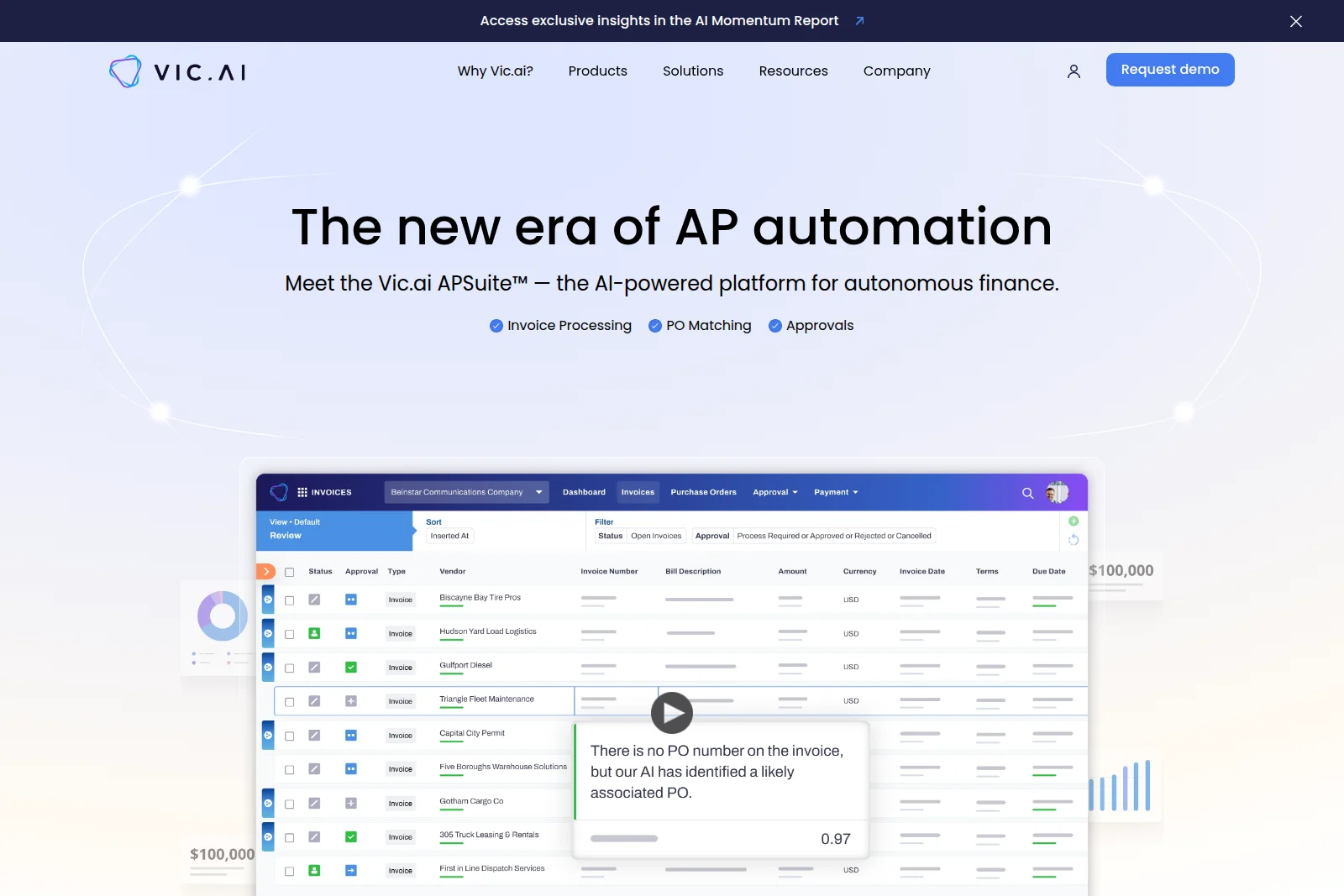 Vic.ai AP automation platform showcasing AI-powered invoice processing and purchase order matching in a modern UI.