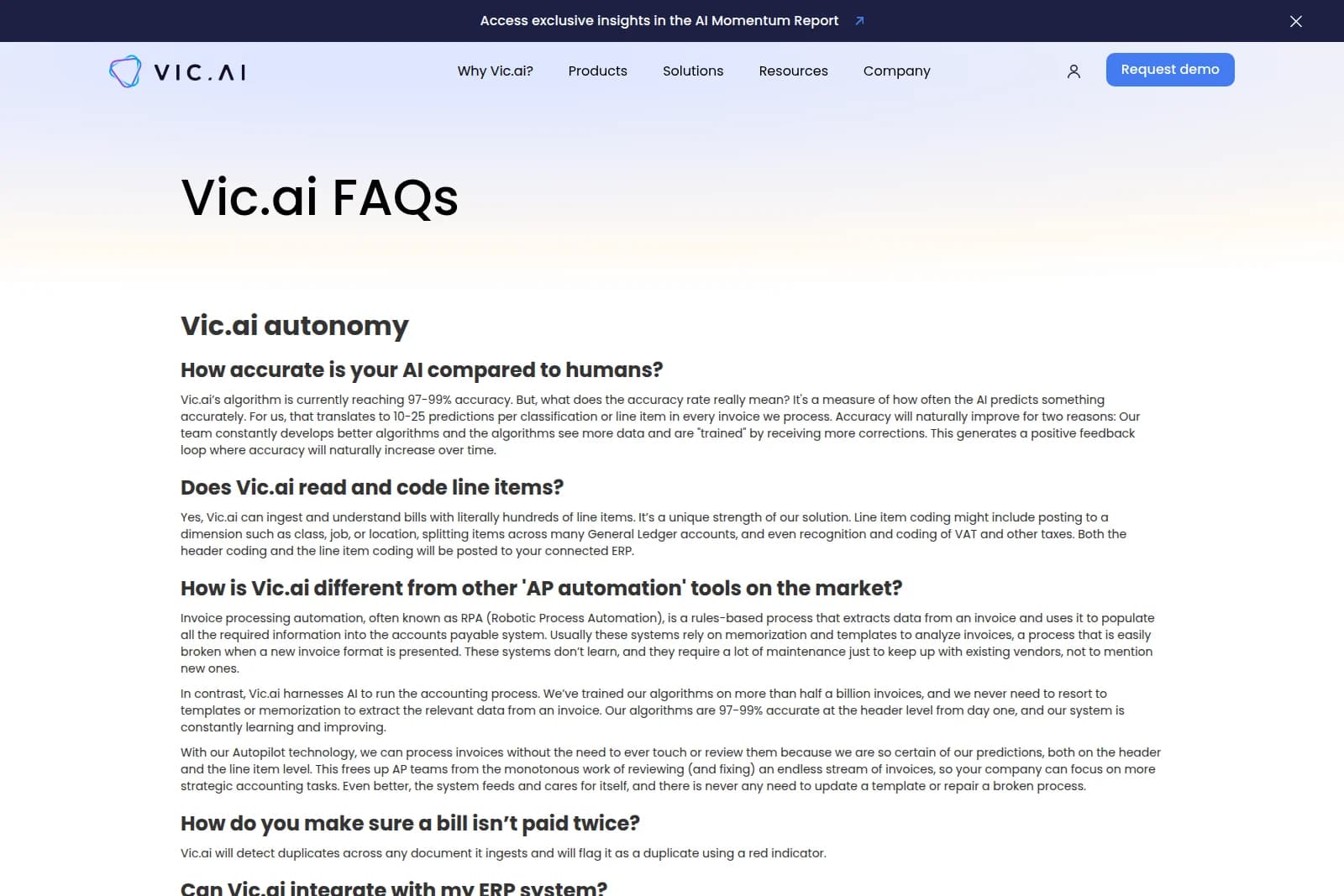 Vic.ai FAQ page showing common questions about AI autonomy, accuracy, and integration with a clean, professional web interface.