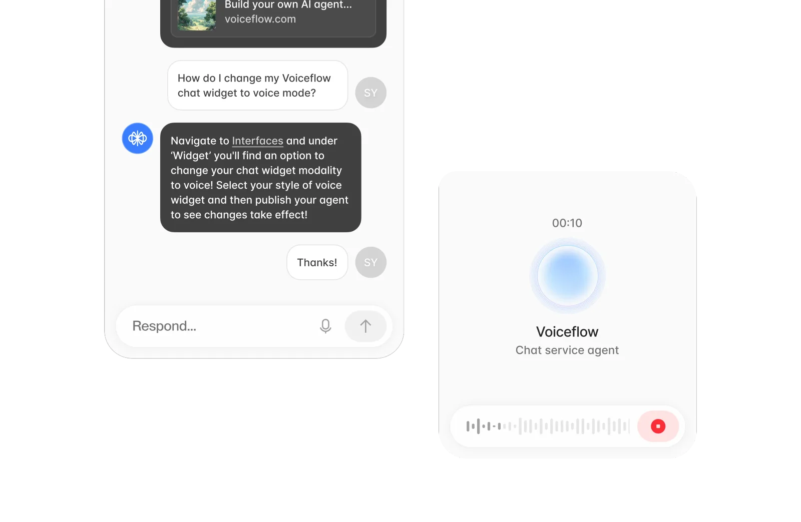 Voiceflow chat widget demonstrating how to activate and use voice mode with a real-time audio recording interface.