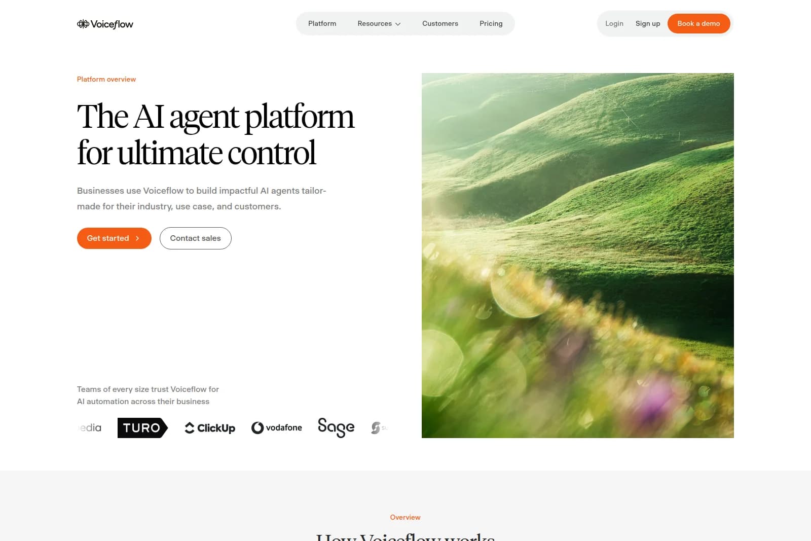 Voiceflow landing page hero showcasing 'The AI agent platform for ultimate control' with a vibrant green hills photograph.