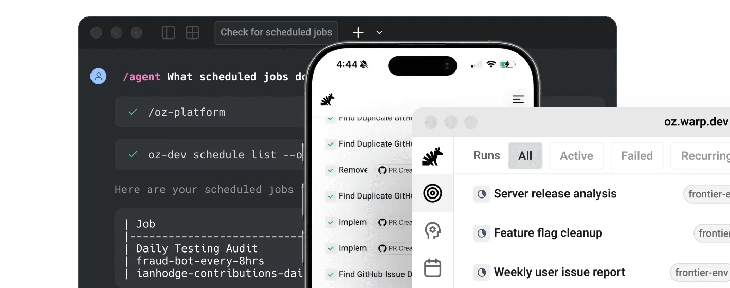 Warp terminal and mobile app displaying scheduled jobs and workflow runs with a modern dark-themed desktop and light-themed mobile UI.