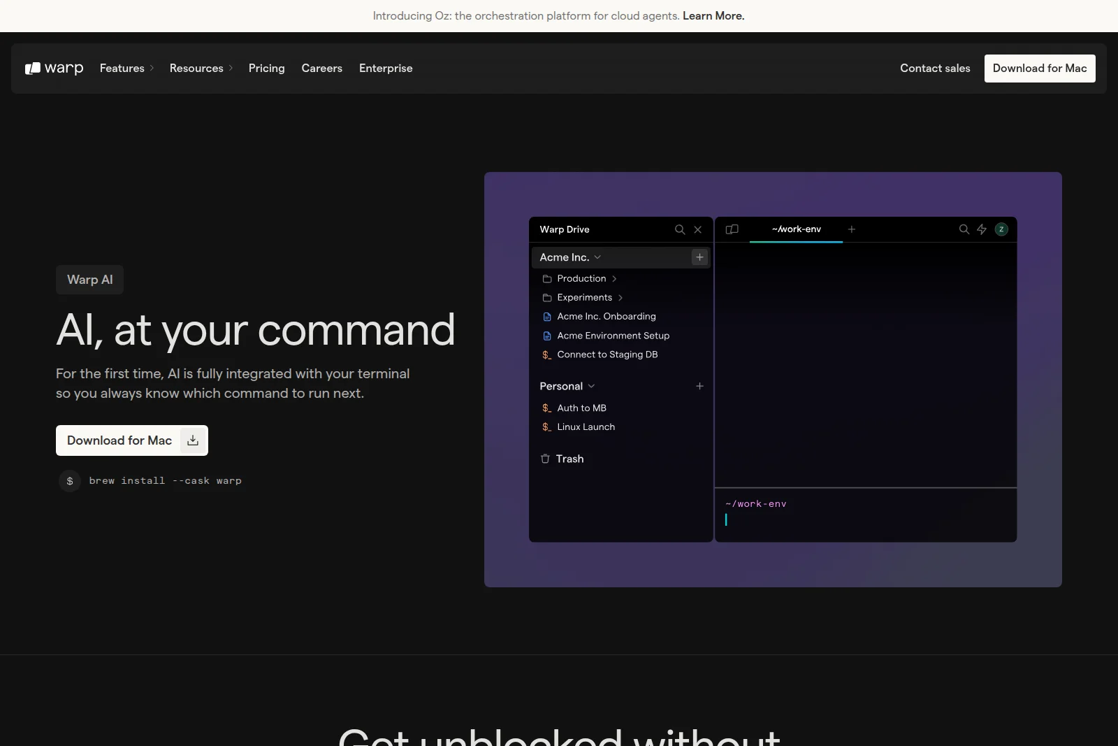 Warp AI feature showing command organization via Warp Drive and an active terminal prompt in a sleek dark theme.
