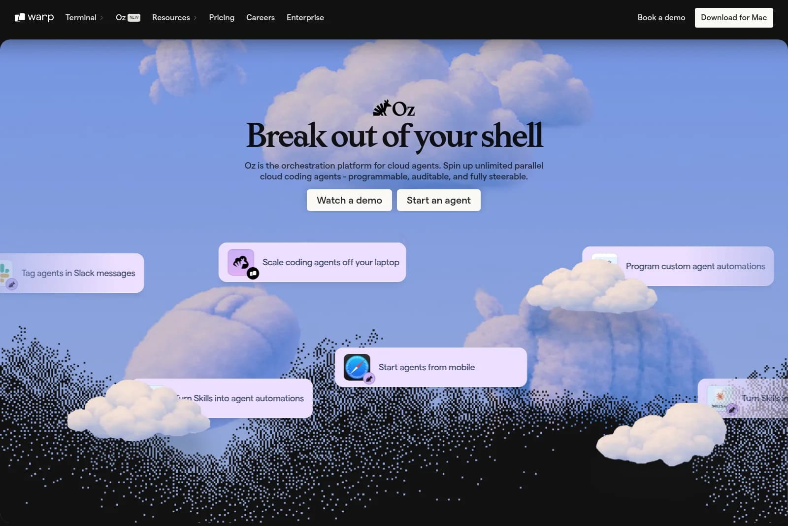 Warp Oz landing page introducing cloud coding agents with a whimsical sky background and floating feature cards.