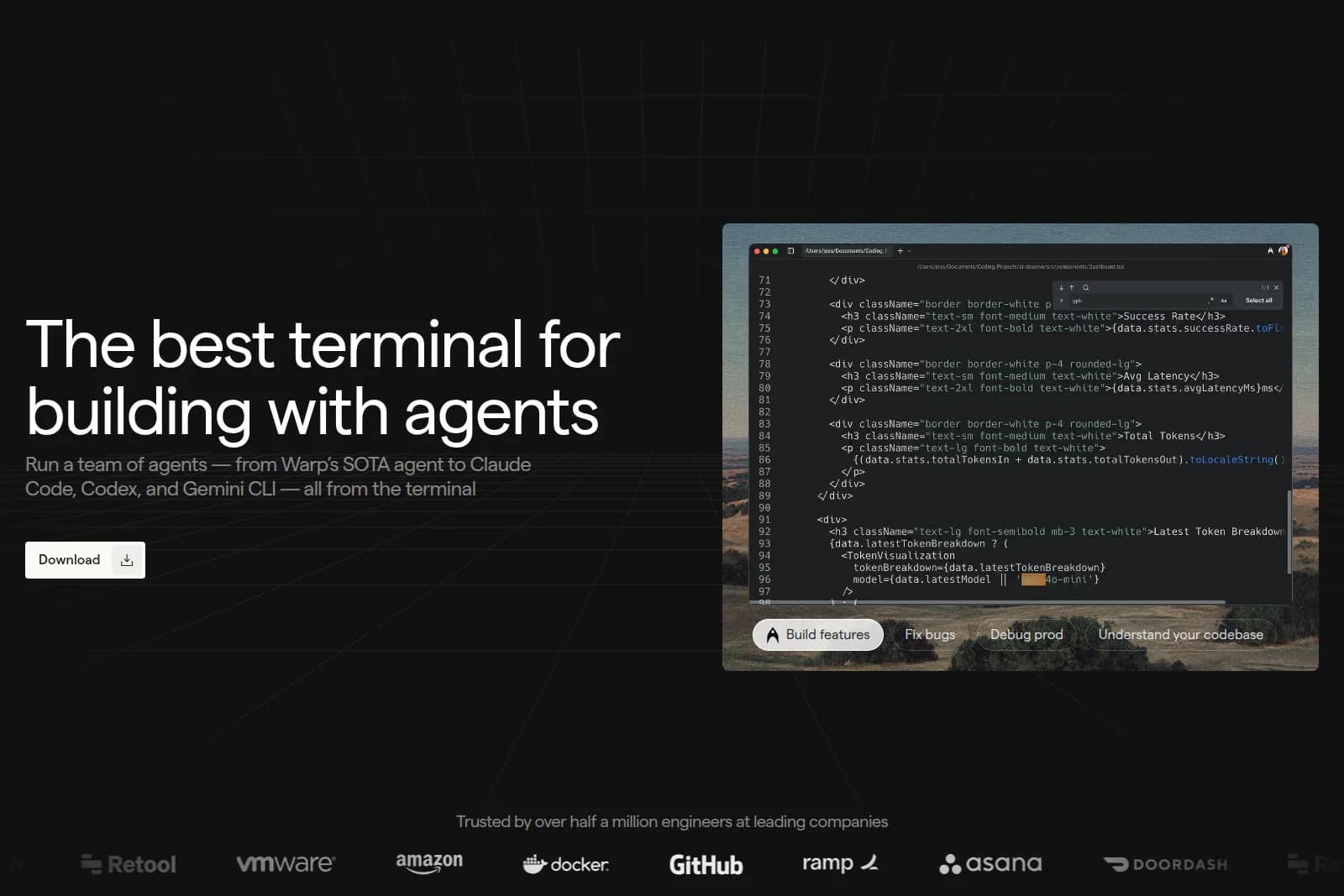 Warp terminal workspace showing code development with AI agent actions and suggestions in a dark-mode sleek interface.