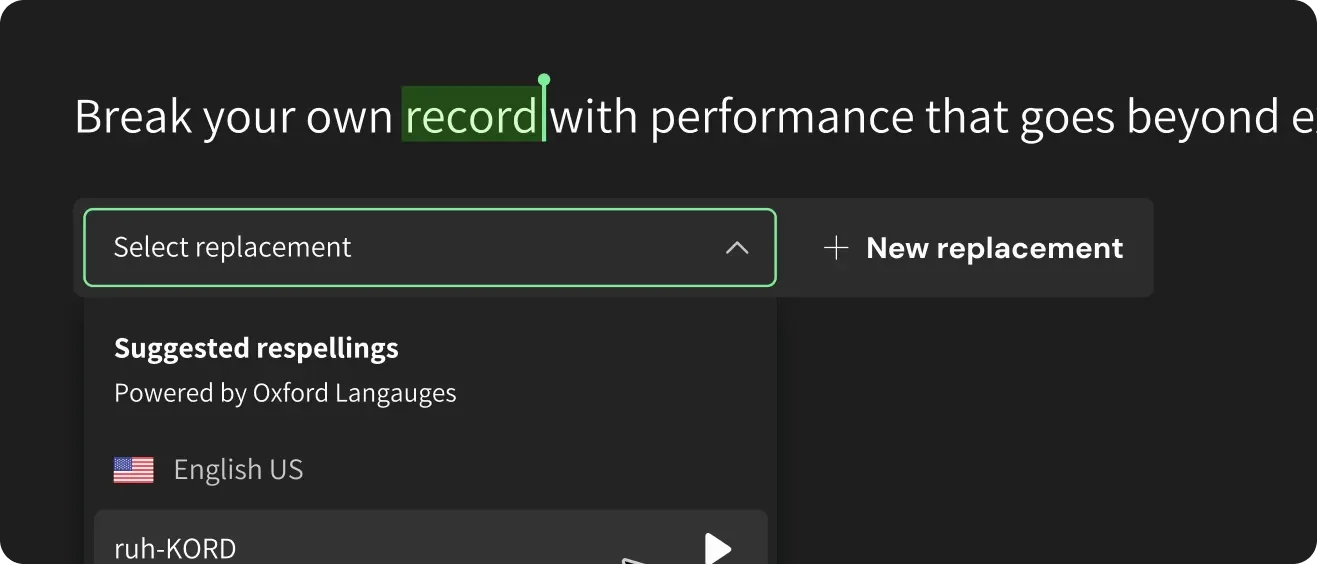 WellSaid Labs workspace showing pronunciation editing for the word 'record' with suggested respellings in a dark-mode interface.