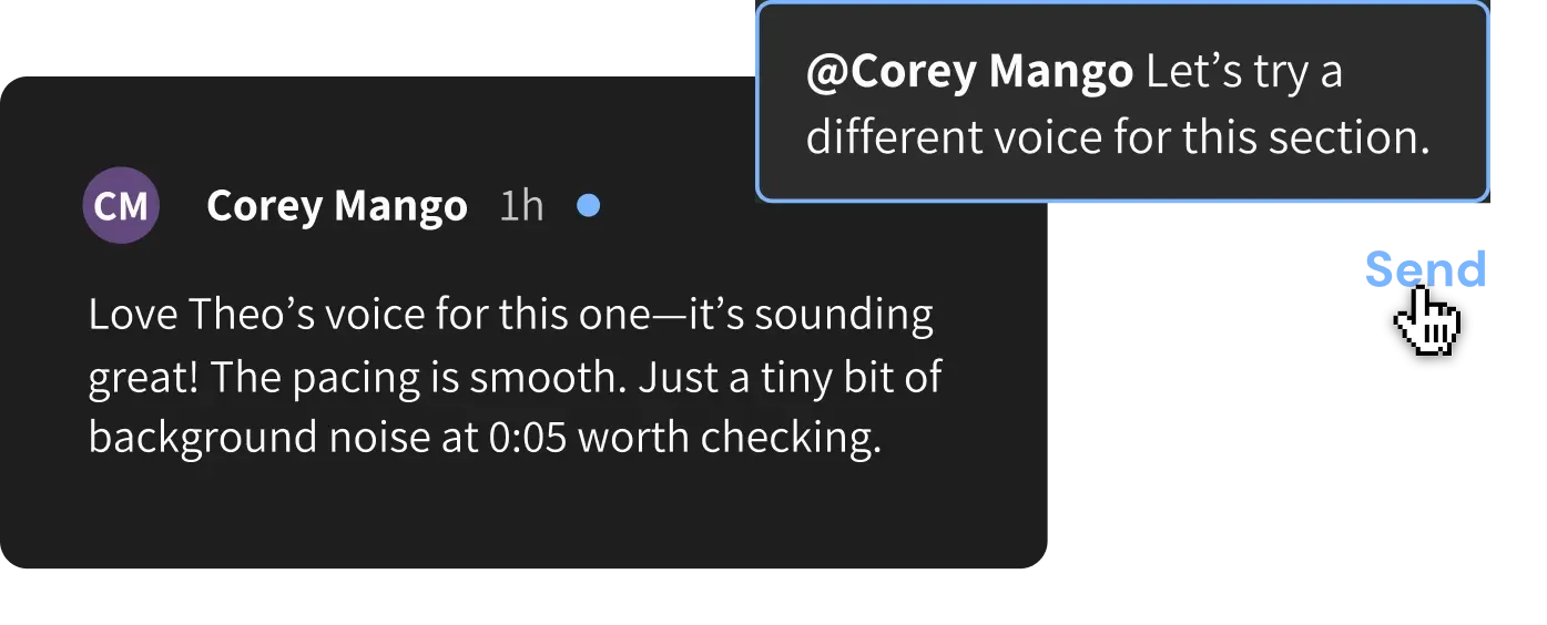 WellSaid Labs audio review workspace showing collaborative feedback on AI-generated voices with a dark-mode interface.