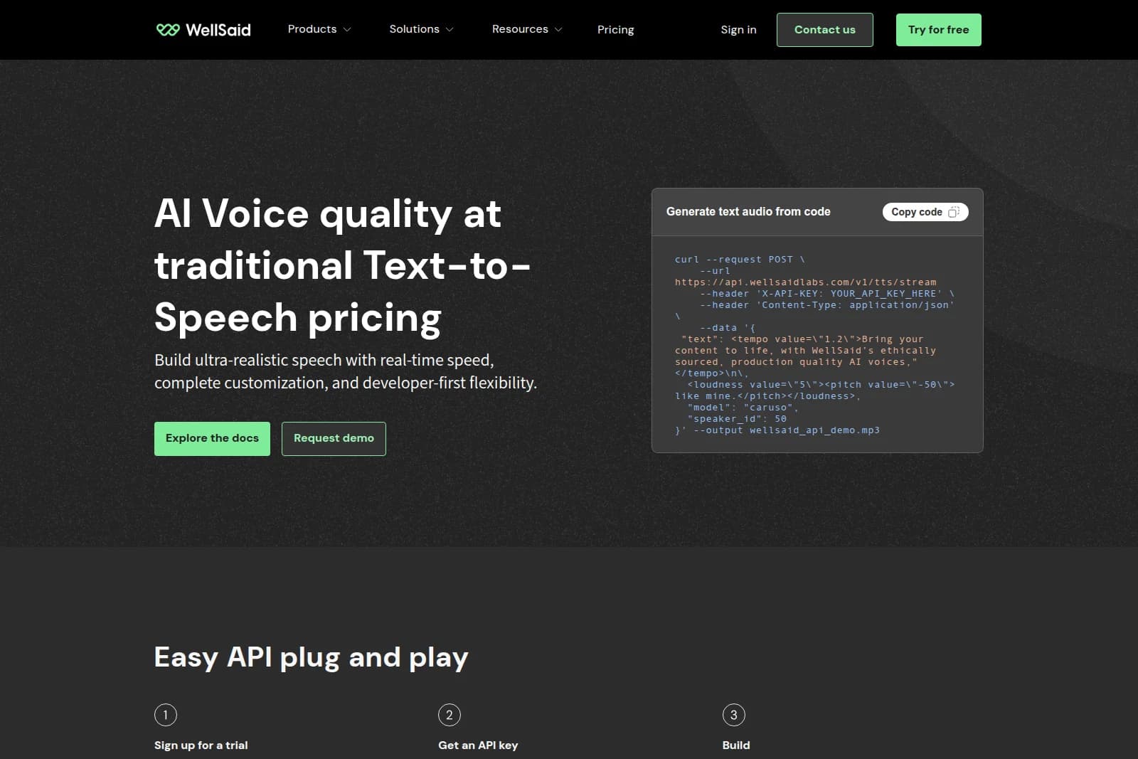 WellSaid API feature showcase displaying a curl command for generating text audio with a dark-mode interface