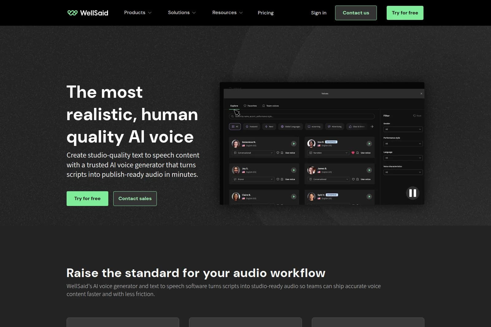 WellSaid Labs AI voice generator workspace showing voice selection and filtering interface with a modern dark theme.