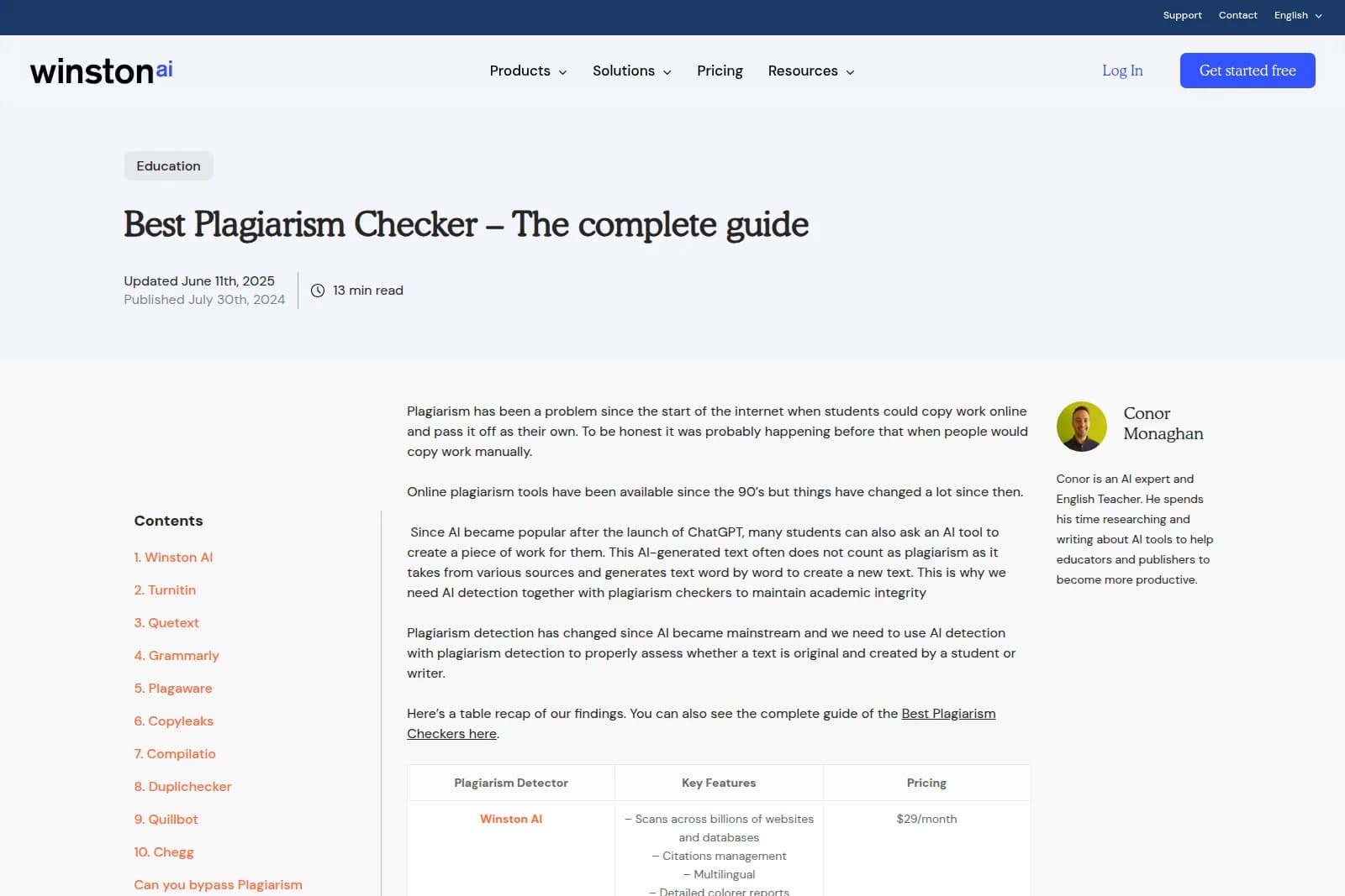Winston AI blog post titled 'Best Plagiarism Checker - The complete guide' with a table comparing various plagiarism detectors and an author profile, featuring a clean white interface.
