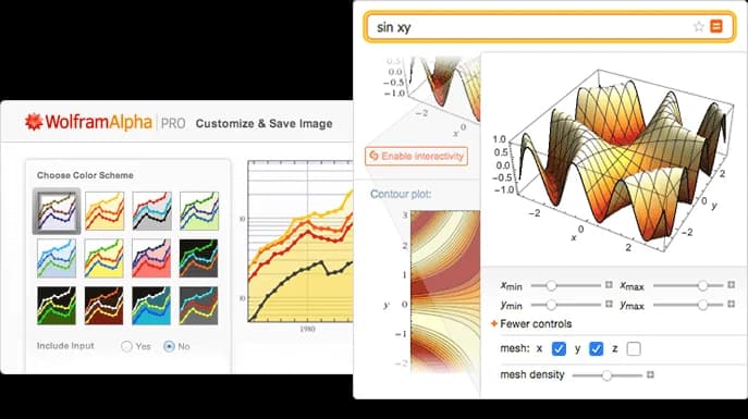 WolframAlpha workspace showing interactive 3D and contour plots for 'sin xy' with customization controls.