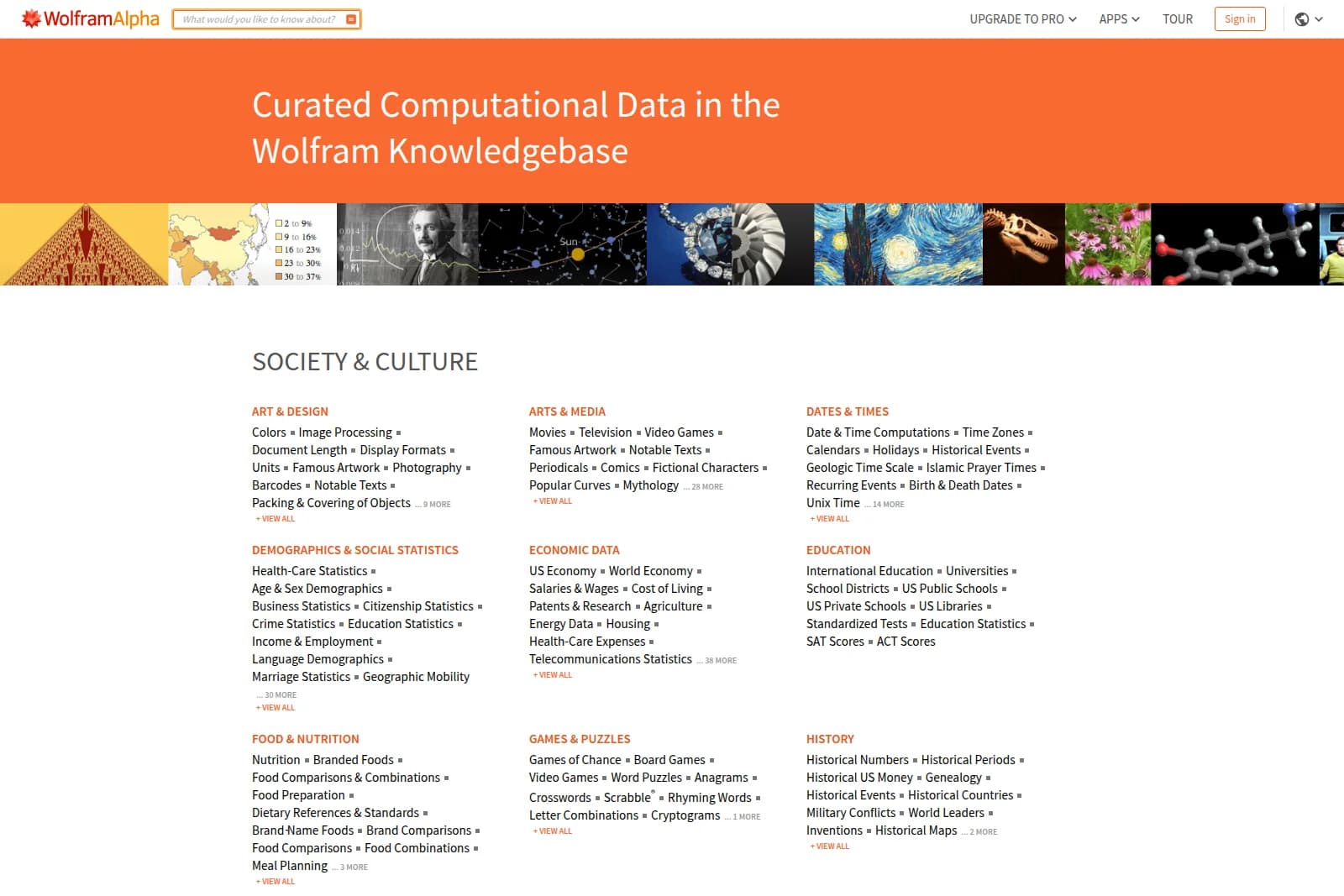 WolframAlpha feature deep-dive showing curated data categories with a clean white and orange interface, highlighting diverse knowledge domains.
