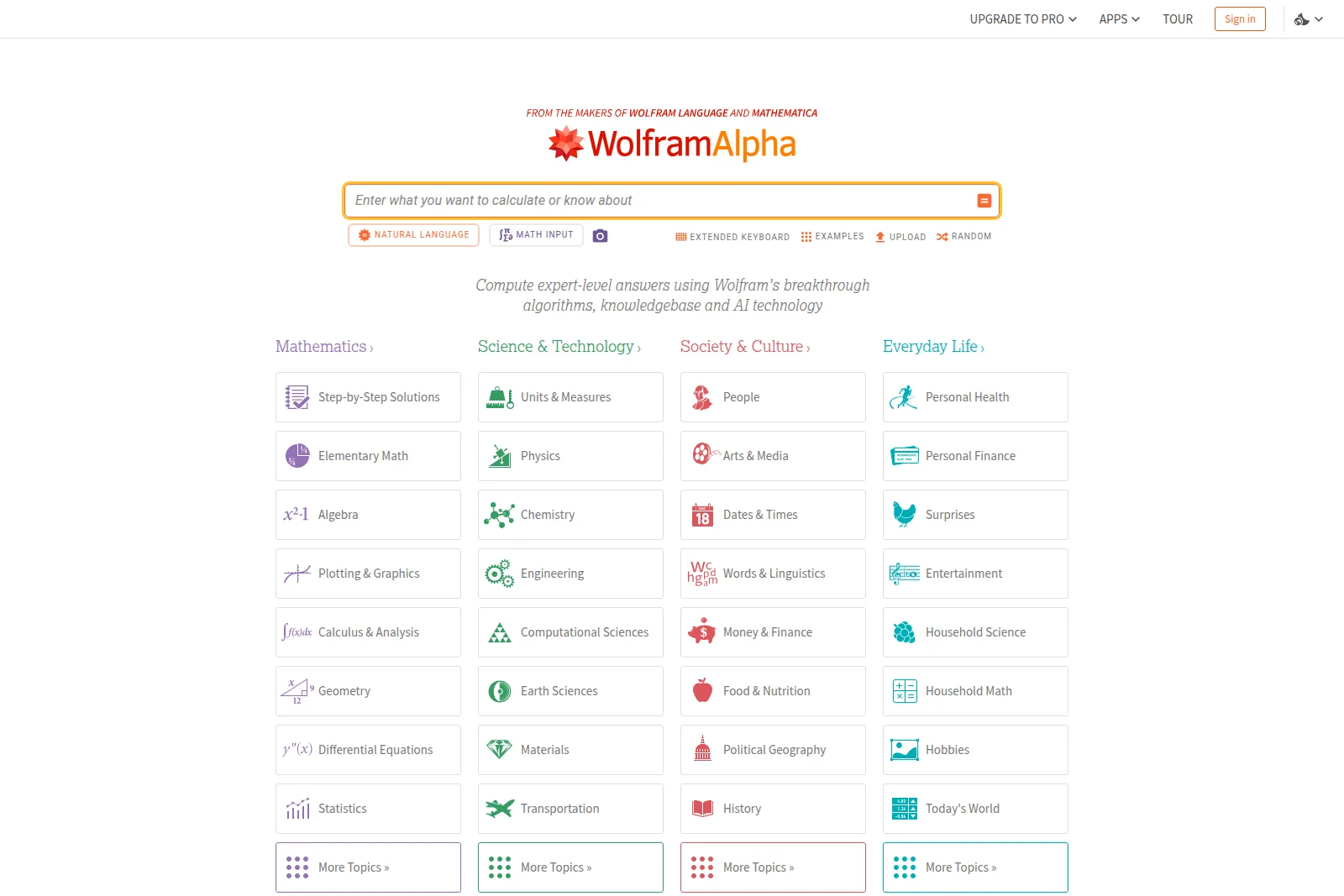 WolframAlpha homepage showing the natural language search input field and a grid of categorized knowledge domains.