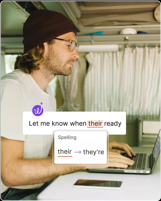 Wordtune feature deep-dive showing an AI-powered spelling correction from 'their' to 'they're' with a modern overlay UI.