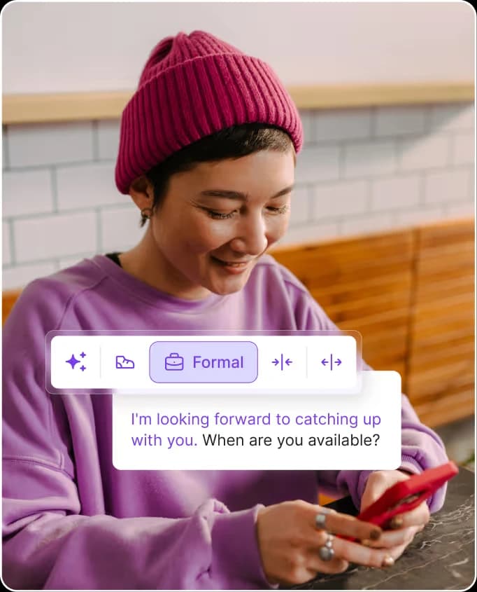 Wordtune AI writing tool showing a user rephrasing text for a formal tone with a transparent overlay.
