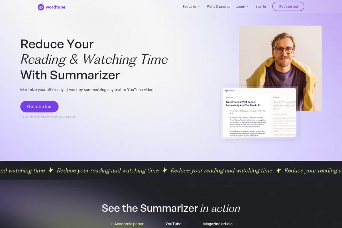 Wordtune summarizer landing page showing a document being summarized with a modern glassmorphism UI.