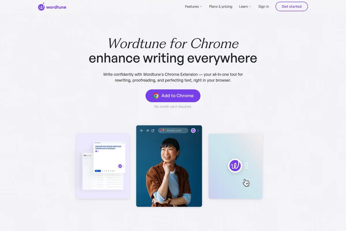 Wordtune landing page featuring its Chrome Extension for writing enhancement, with a clean interface and in-browser usage examples.