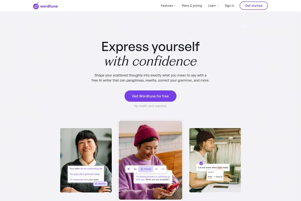 Wordtune homepage showing AI text rewriting, tone adjustment, and spelling correction features with a clean, modern UI.