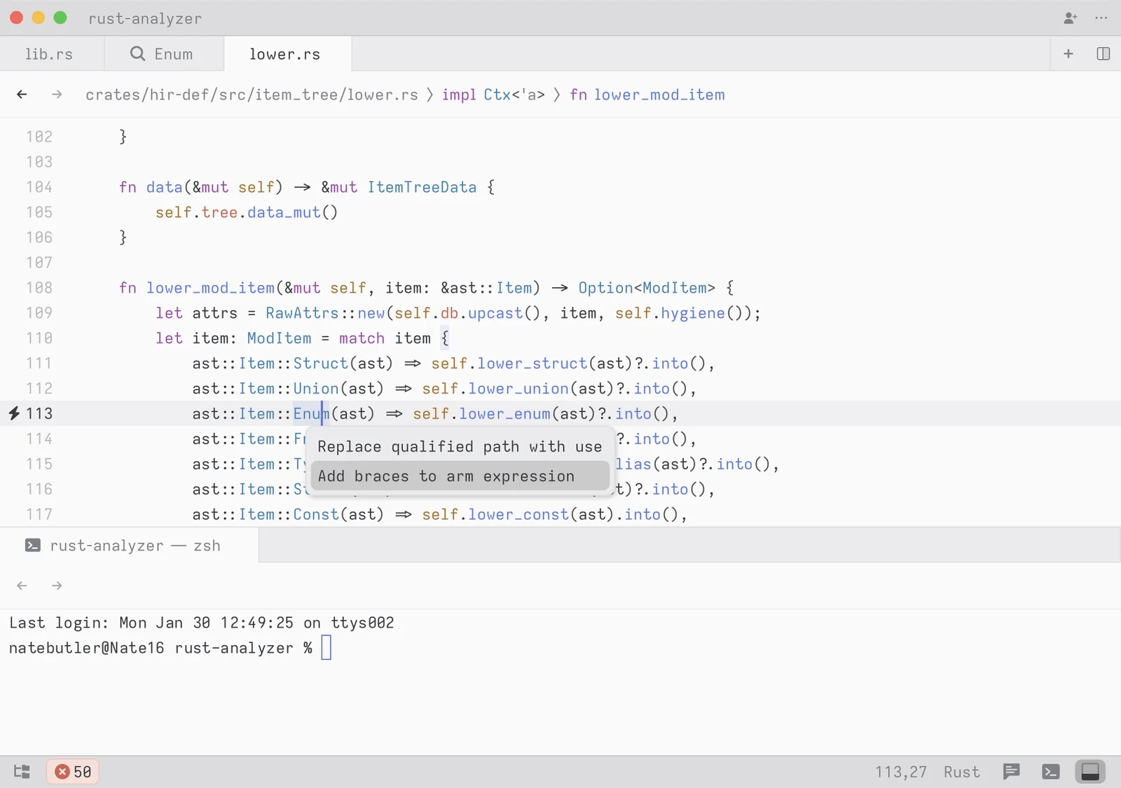 Zed code editor workspace showing a context menu with refactoring suggestions for Rust code in a dark-mode interface.
