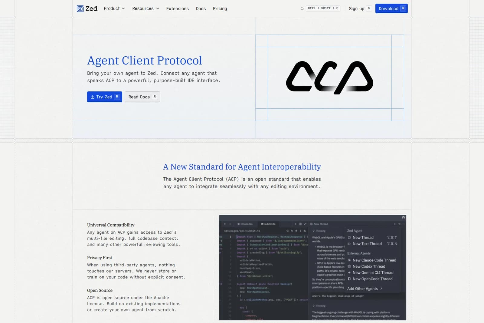 Zed's Agent Client Protocol page with a code editor UI displaying integrated AI agent threads.
