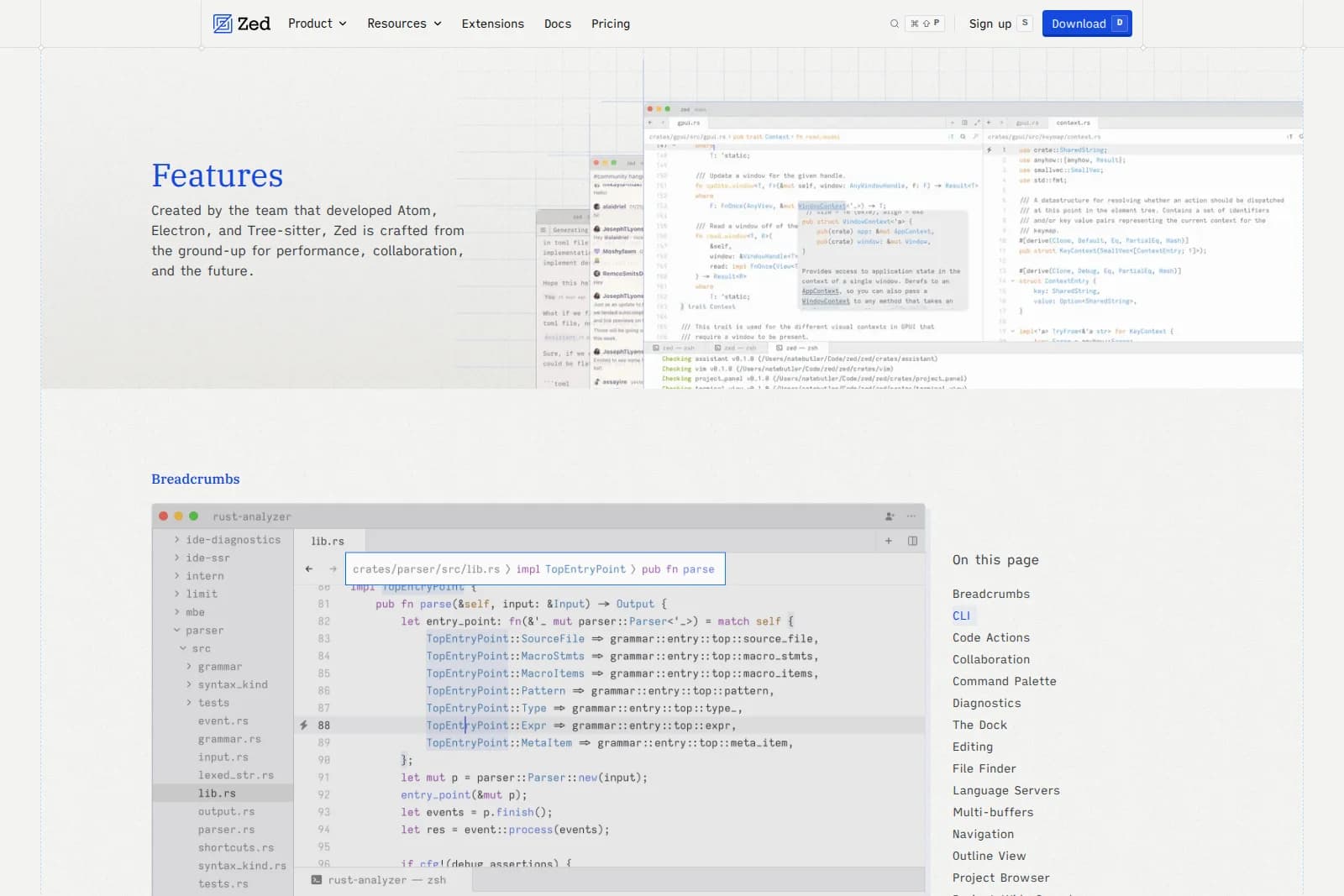 Zed code editor workspace showing file tree, breadcrumbs, and Rust code in a dark theme development environment.